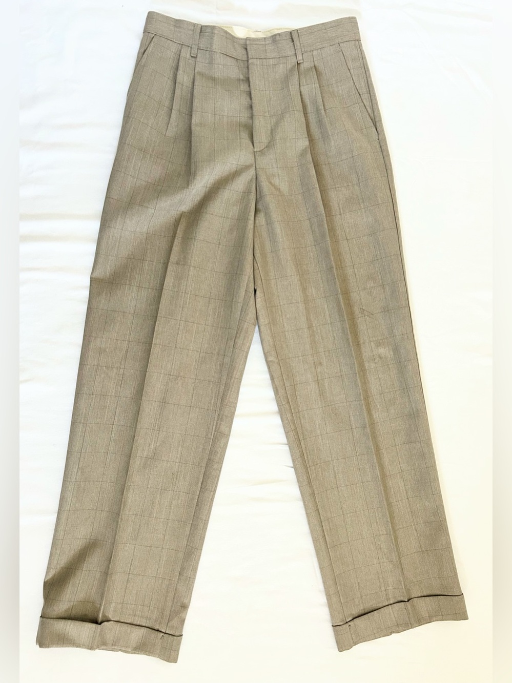 Tailored Plaid Wide-Leg Trousers in Beige, Size M